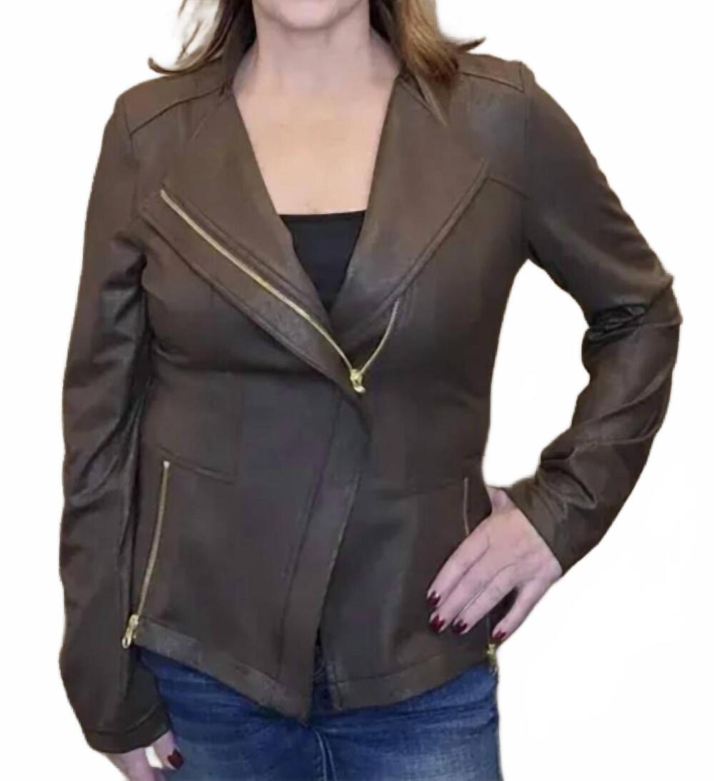 NEW CLARA SUNWOO liquid leather jacket in chocolate